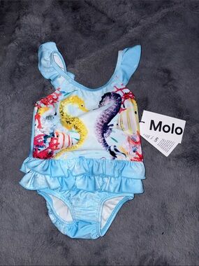 Molo Light Blue Seahorse Ruffle One-Piece Swim Suit